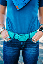 Hitchley & Harrow Leather Plaited Belt in Turquoise