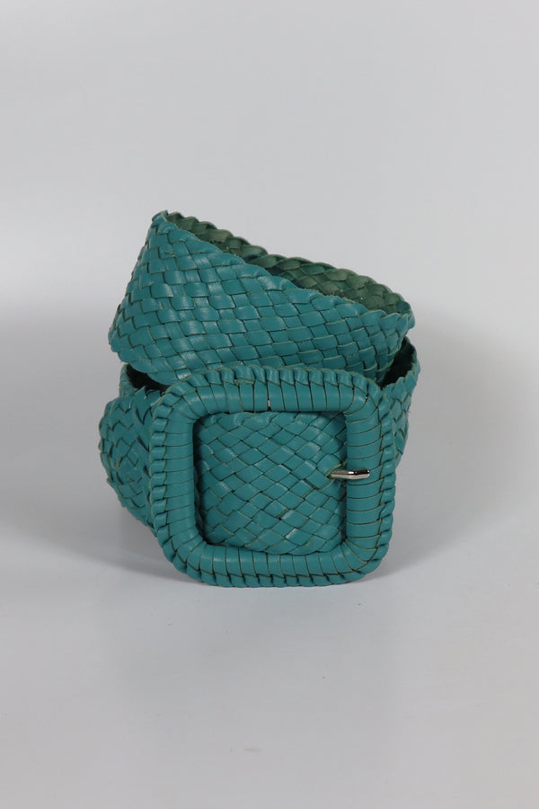 Hitchley & Harrow Leather Plaited Belt in Turquoise