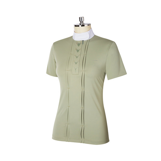 Animo brand women's olive green equestrian polo shirt on mannequin.