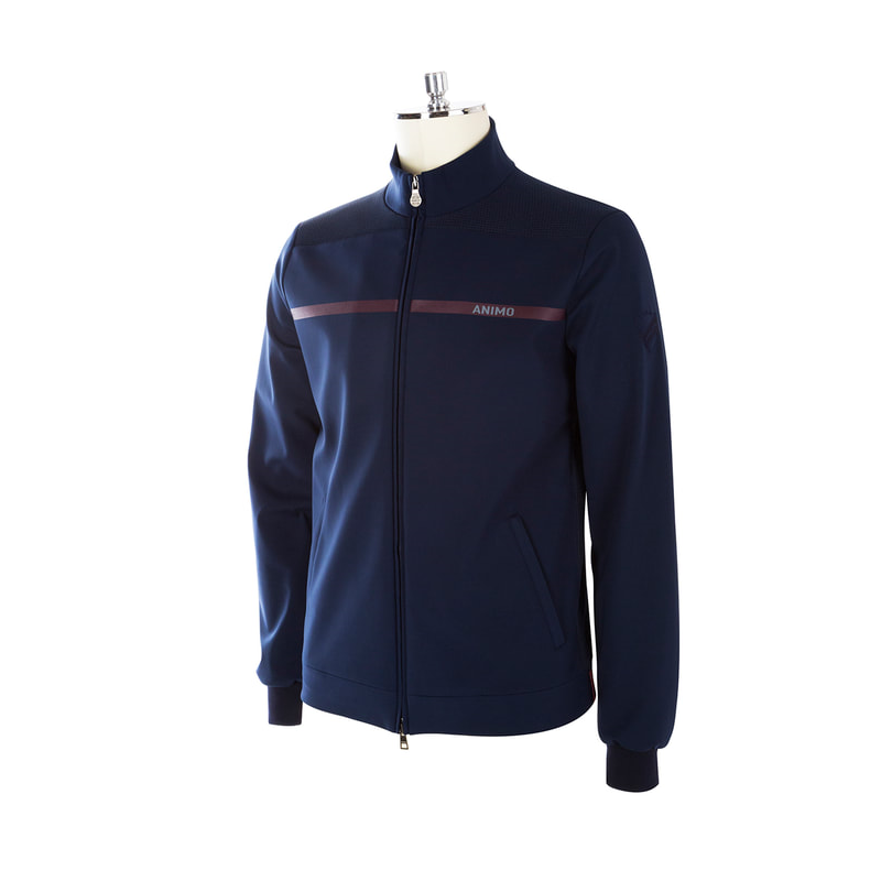 Animo brand navy blue zip-up jacket on mannequin, clear background.