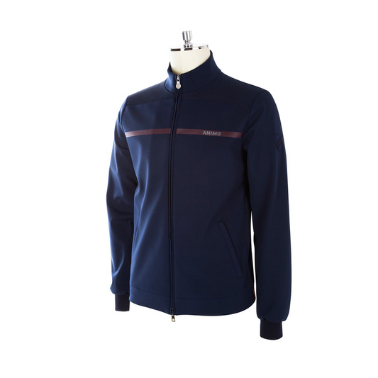 Animo brand navy blue zip-up jacket on mannequin, clear background.