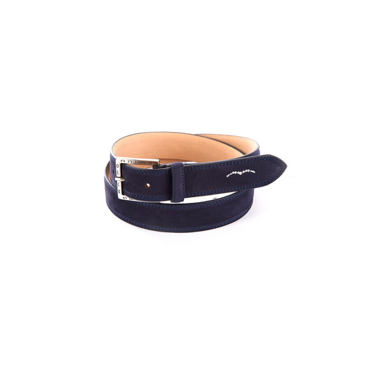 Animo brand, dark blue leather belt with silver buckle, isolated.