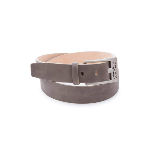 Animo brand brown leather belt on a white background.