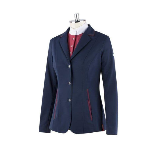 Animo brand navy blue equestrian show jacket on mannequin.