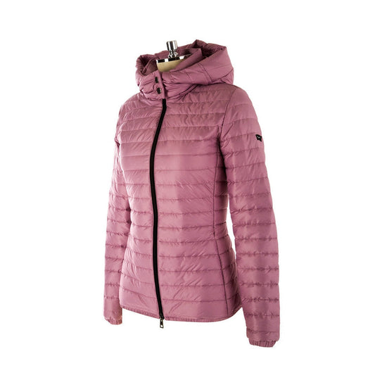 Animo brand light pink quilted women's winter jacket, isolated.
