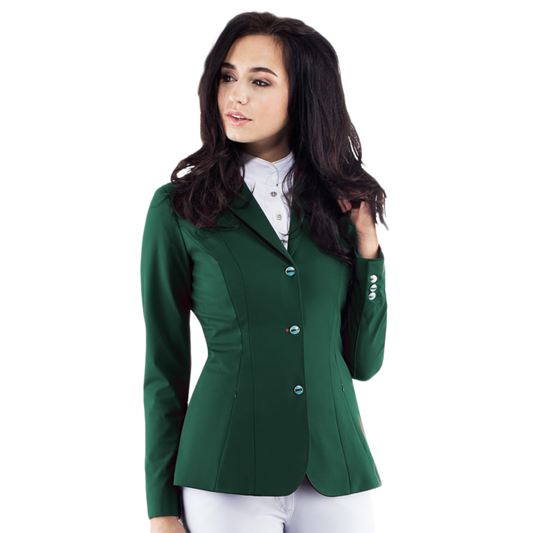Woman in green Animo riding jacket with silver buttons.