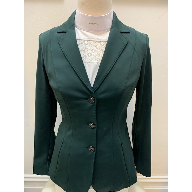 Alt text: Animo brand tailored green riding jacket on mannequin.
