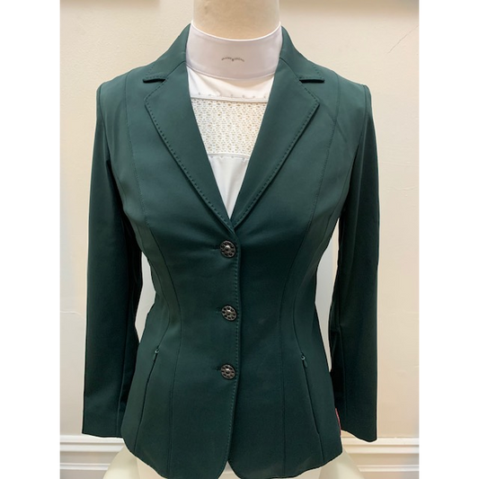 Alt text: Animo brand tailored green riding jacket on mannequin.