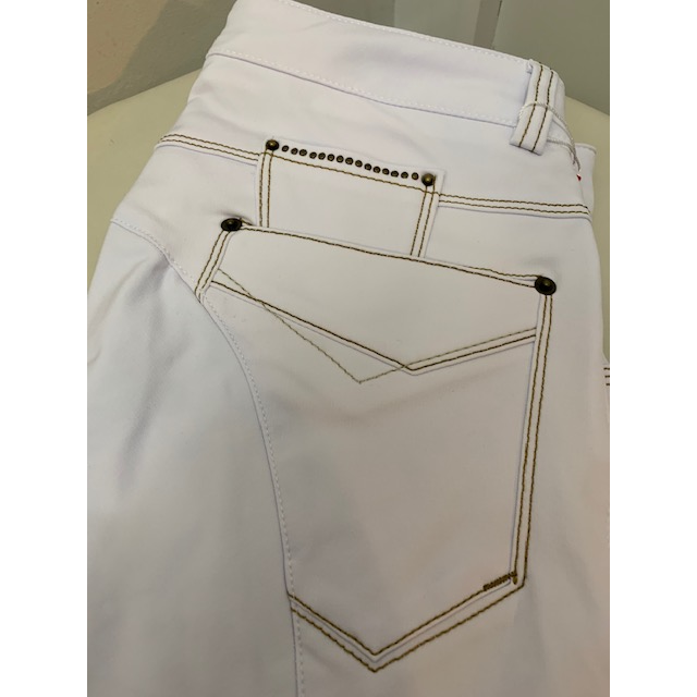 Animo brand white riding breeches with stylish pocket details.