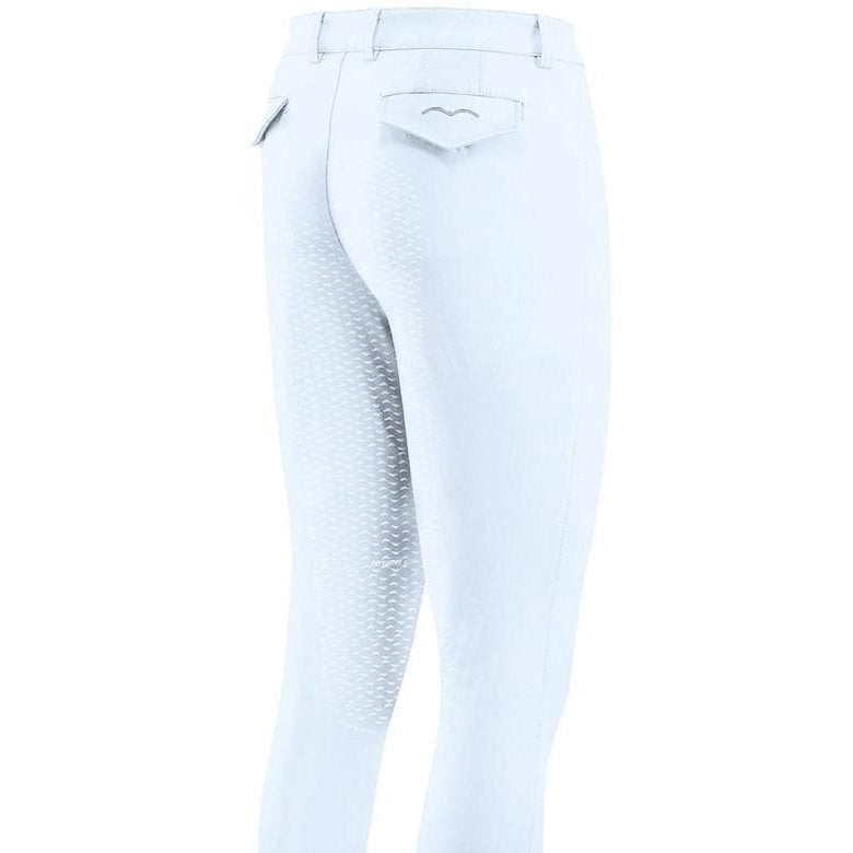 Animo brand white equestrian breeches with grip-patterned inner leg.