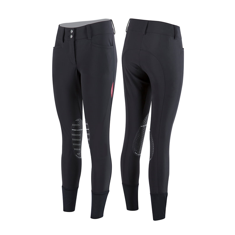 Animo brand black riding breeches with contrast details, front and back view.