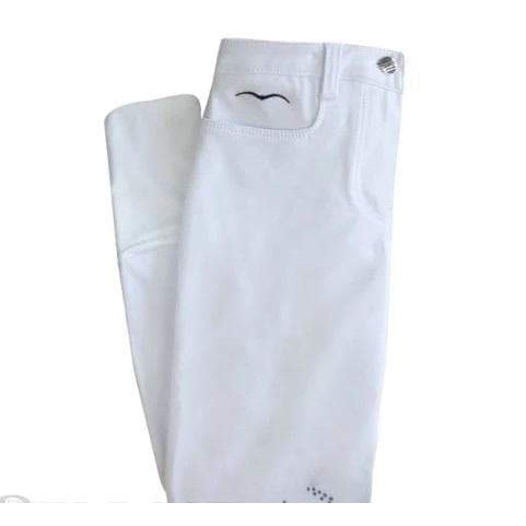 Animo brand white equestrian breeches isolated on a white background.