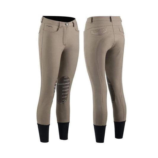 Animo beige riding breeches with grip knee patches, front and back view.