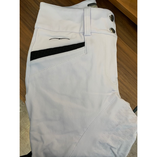 Animo brand white equestrian breeches with black details folded.