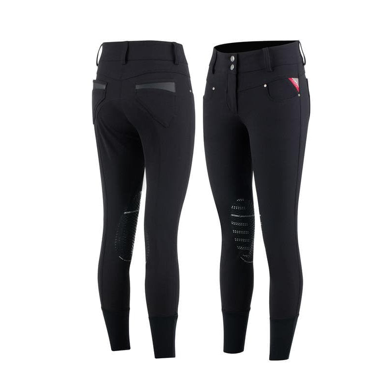 Black Animo riding breeches for equestrians, front and back view.