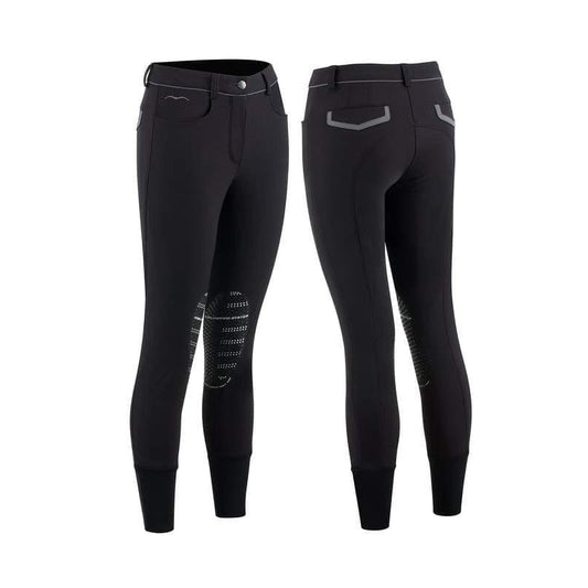 Animo brand women's equestrian riding breeches, black, front and back view.