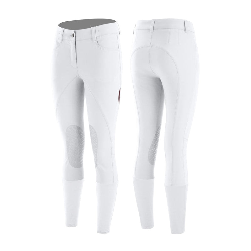 Animo brand white riding breeches with knee patches, front and back view.