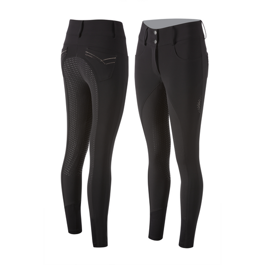 Animo brand women's black riding breeches with grip detailing.