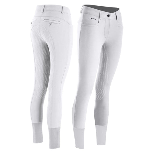 Animo brand white equestrian riding breeches with grip pattern.