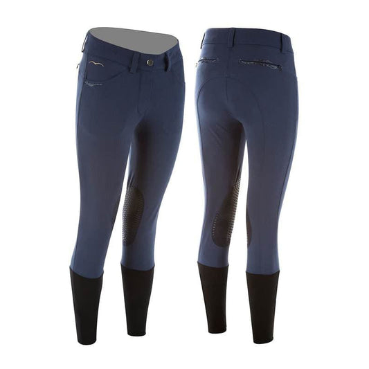 Animo brand equestrian riding breeches in navy blue, front and back view.