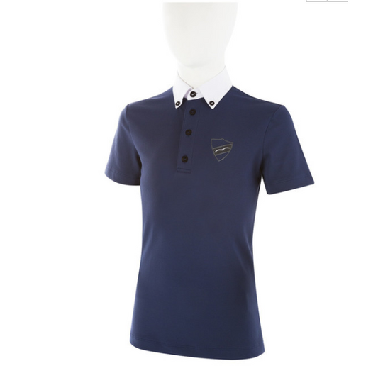 Animo brand navy blue polo shirt with white collar detail.