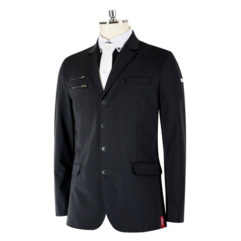 Animo brand black show jacket on mannequin with white shirt.