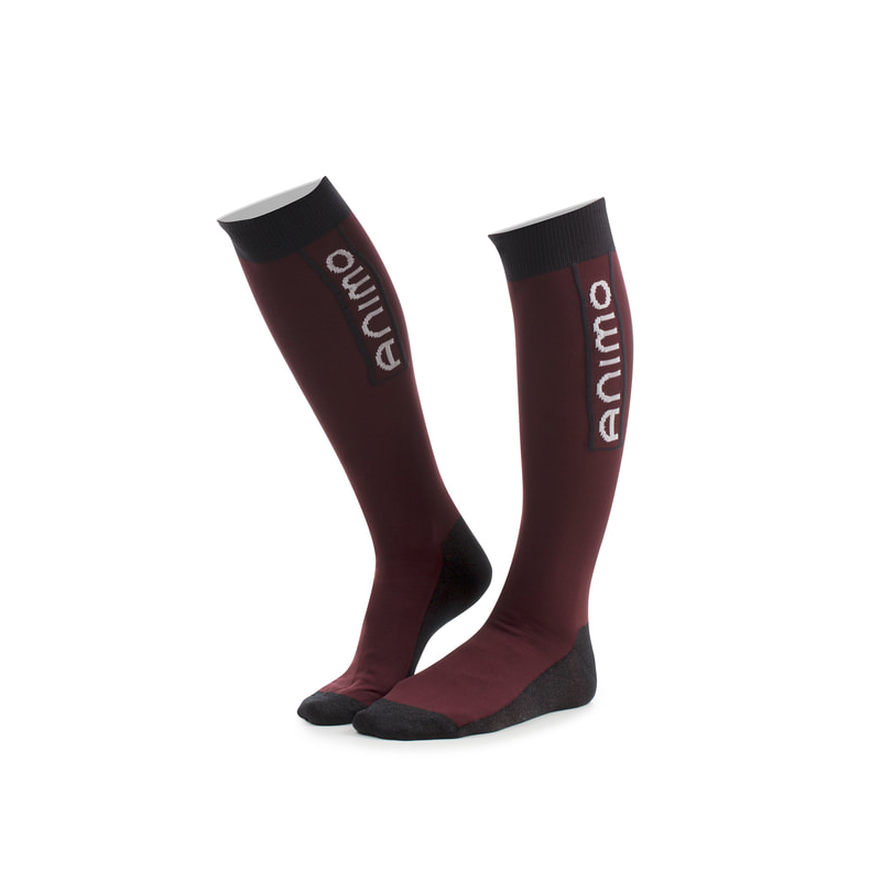 A pair of Animo brand knee-high riding socks, burgundy with logo.