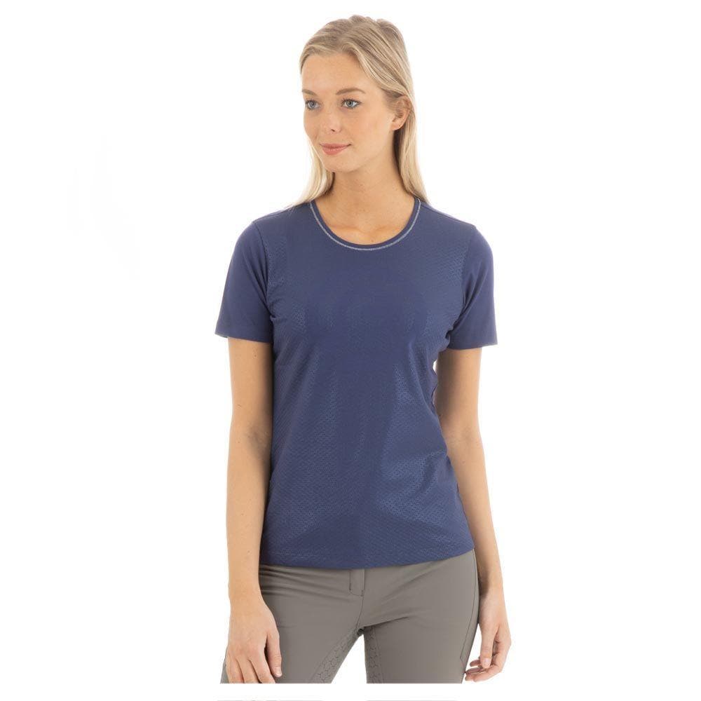 Woman wearing ANKY blue stylish short-sleeved athletic t-shirt.