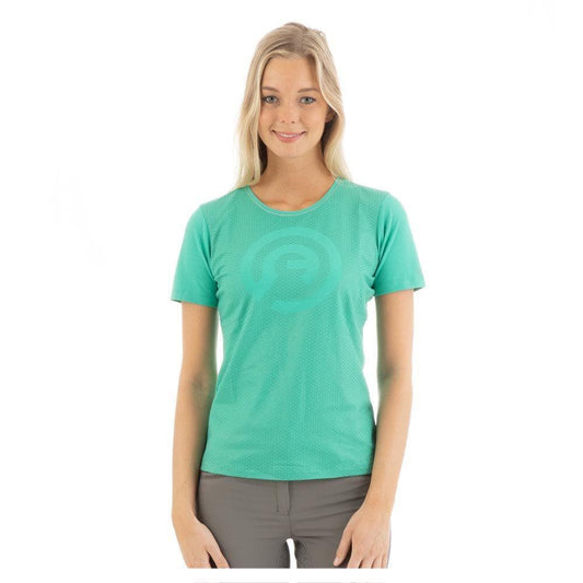 Woman wearing ANKY teal short-sleeved sports t-shirt.
