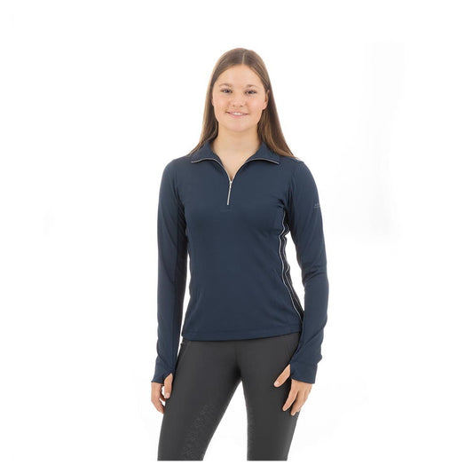 ANKY brand navy-blue athletic zip-up shirt for women.