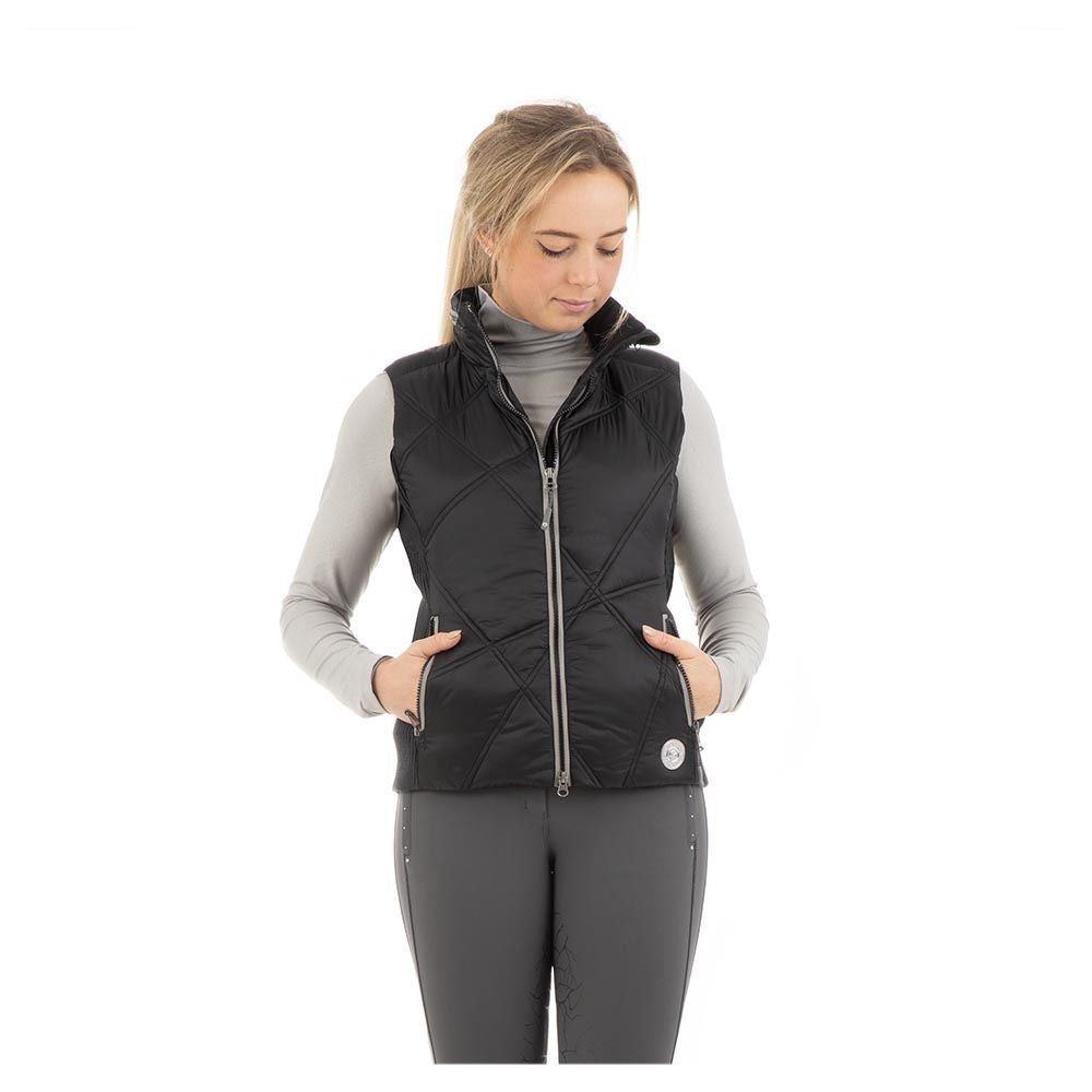 ANKY black quilted sleeveless zippered equestrian vest on model.
