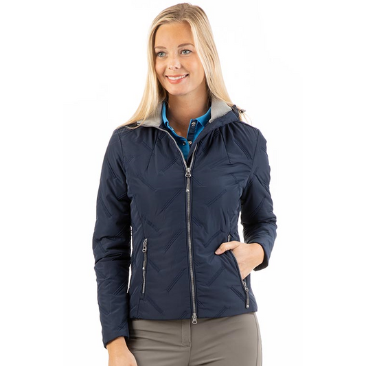 Woman wearing ANKY navy quilted zip-up jacket with hood.