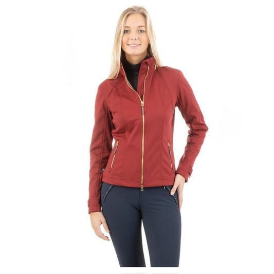 Woman modeling red ANKY equestrian-style zippered jacket.