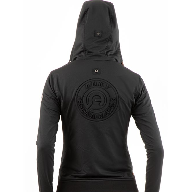 ANKY brand black technical casual hoodie with prominent back logo.