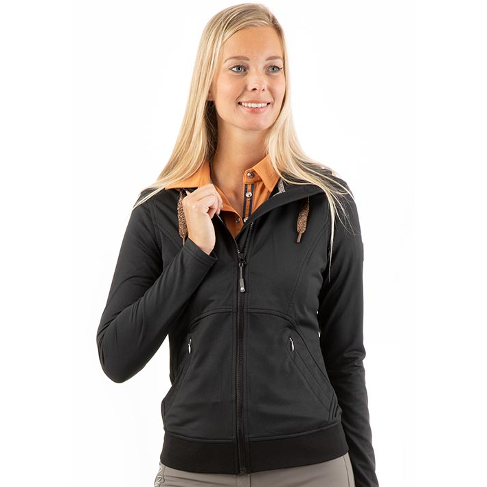 ANKY brand black equestrian-style jacket on smiling blonde woman.