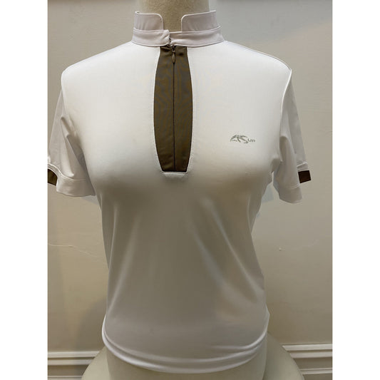Anna Scarpati polo shirt on mannequin with logo and brown trim.