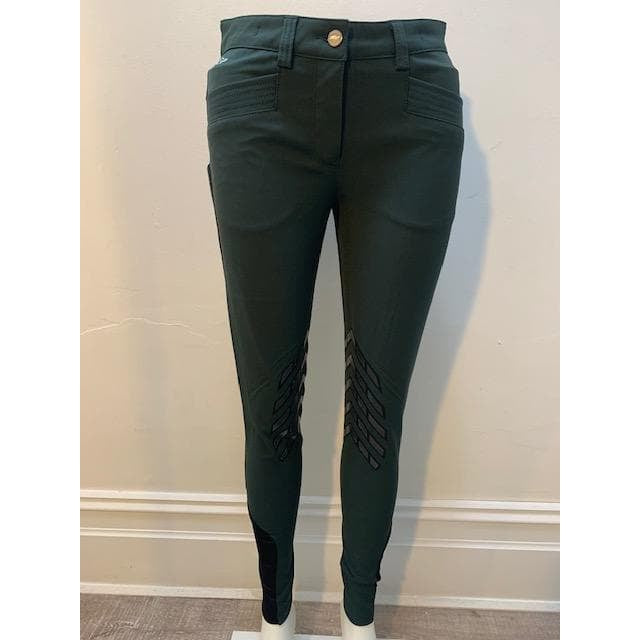 Anna Scarpati green riding breeches with black wing design on legs.