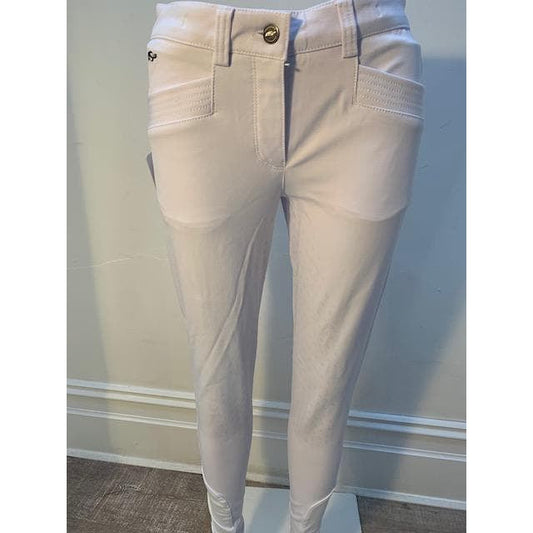 White Anna Scarpati riding breeches on mannequin against neutral background.