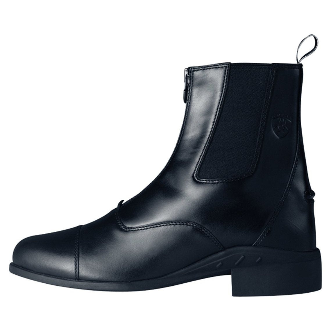 Black equestrian jodhpur boots with elastic sides and stirrup leathers.