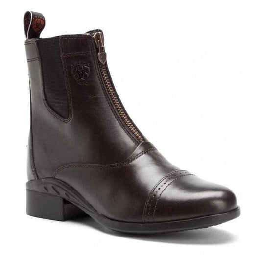 Brown leather equestrian ankle boot with zipper and embossed emblem.