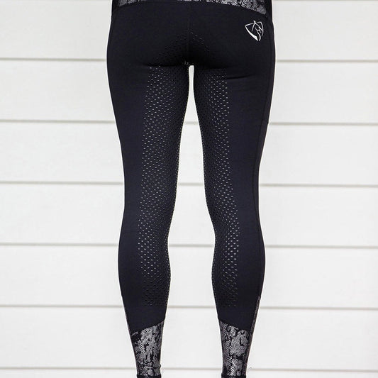 Black horse riding tights with mesh pattern and lace details.