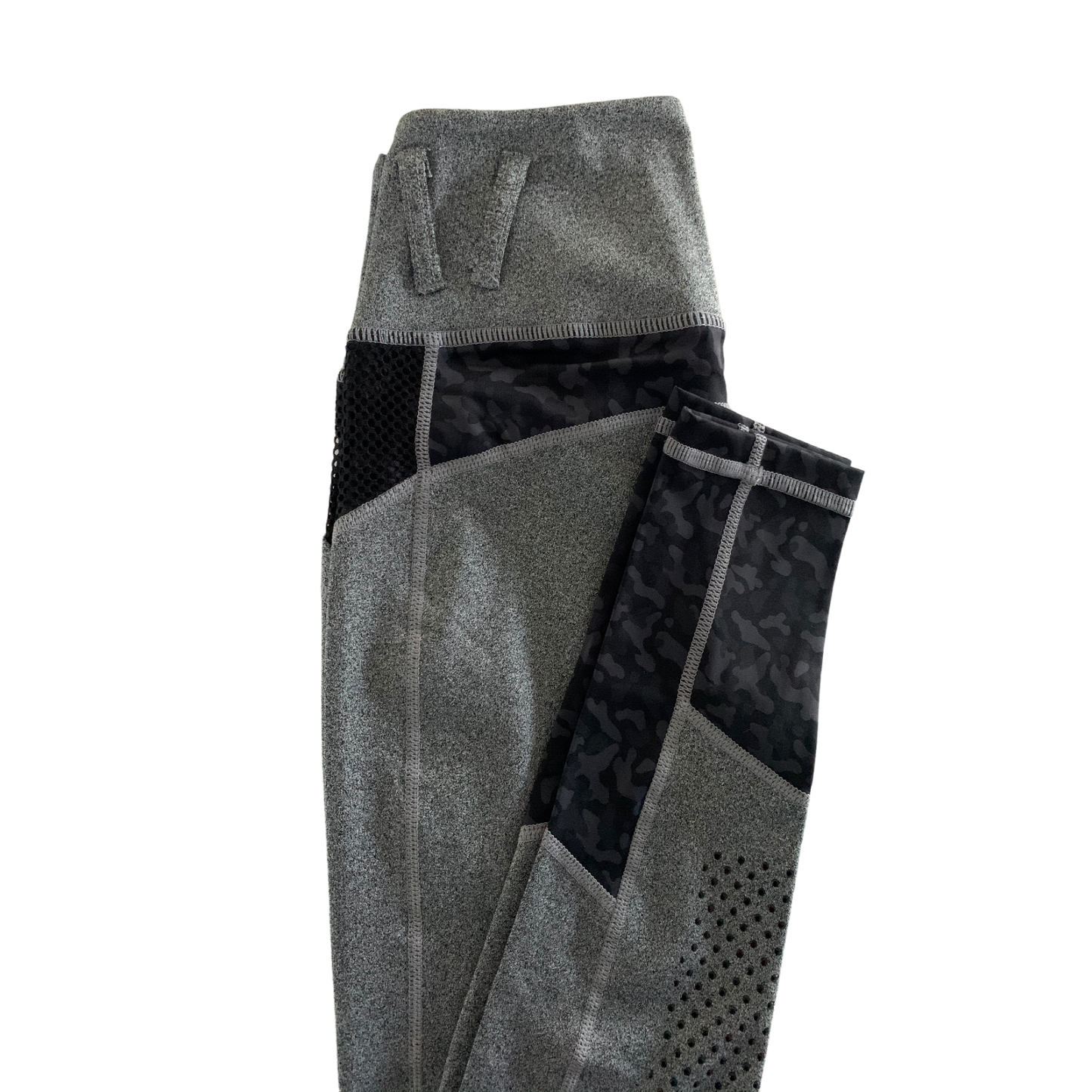 Grey and black camo horse riding tights with mesh panels.