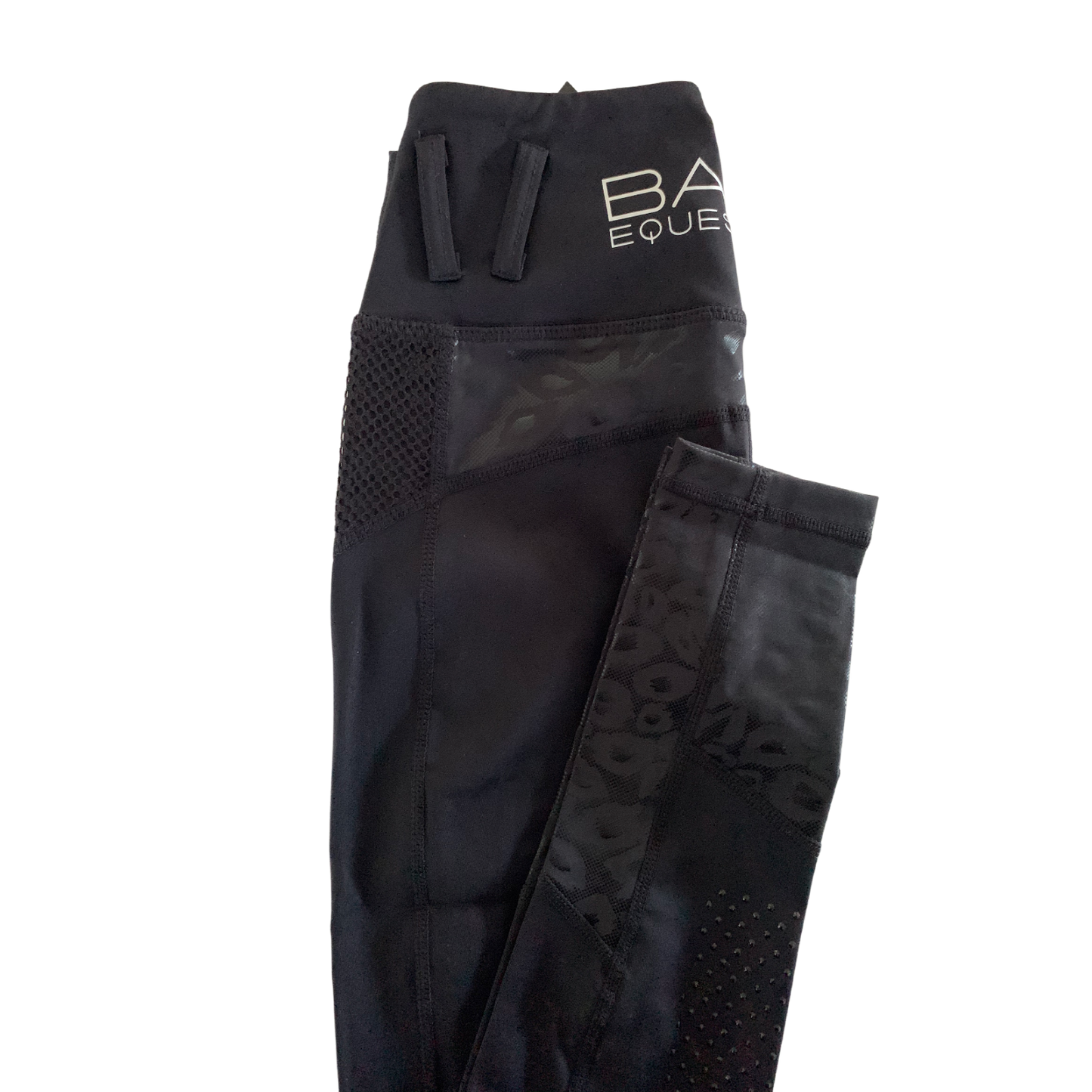 Black horse riding tights with logo, mesh, and grip detailing.