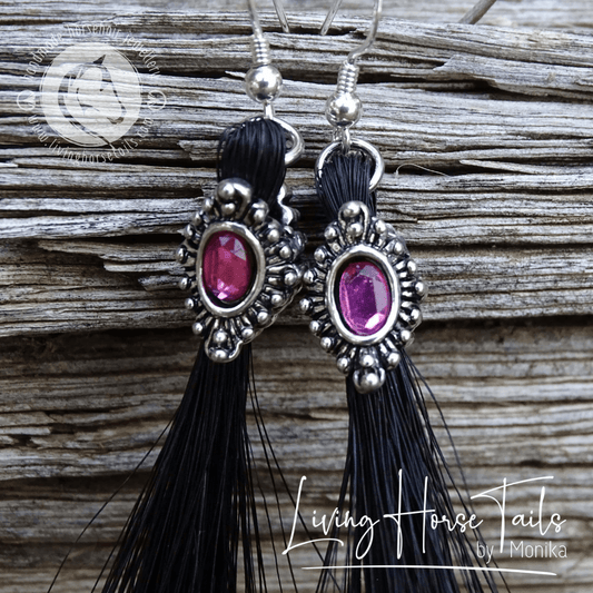 Living Horse Tails Bling Rhinestone Horse Hair Tassle Earrings - Fuchsia. Made using real horsehair. Custom jewellery Monika Australia horsehair keepsake