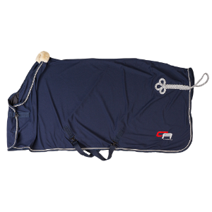Navy blue horse show rug by CR on white background.