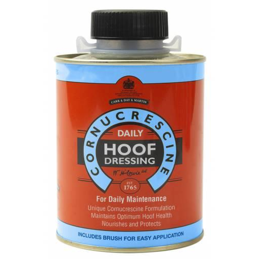 A can of Cornucrescine Daily Hoof Dressing for horse hoof maintenance, featuring nourishing ingredients and including a brush for application.