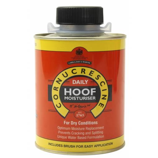 A can of Cornucrescine Daily Hoof Moisturiser for horses with a black lid, stating it's for dry conditions, and includes a brush for application.