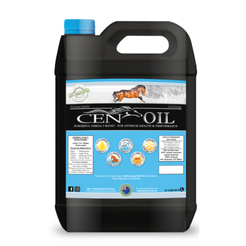 A black plastic container with a blue cap labeled "CEN OIL" featuring a horse and describing its omega 3 benefits for animal health.
