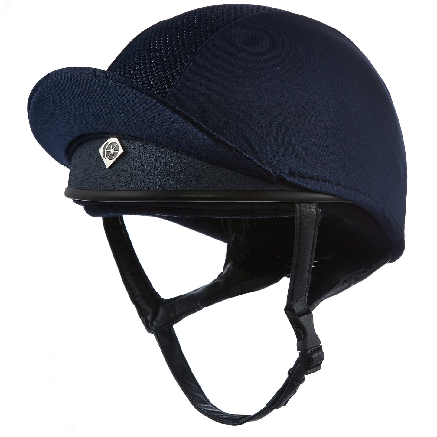 KEP brand equestrian helmet, navy blue, modern style, side view.