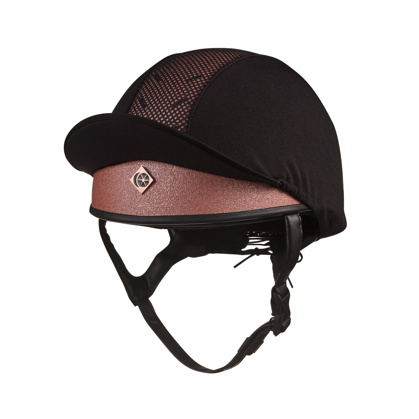 KEP equestrian helmet, black and rose gold, with mesh and chinstrap.